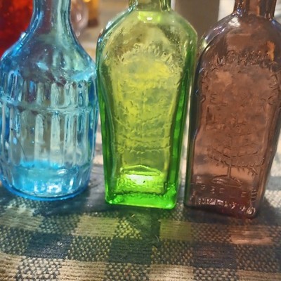 Lot of 3 Multi-Color Glass Miniature Bottles Blue Green Amber