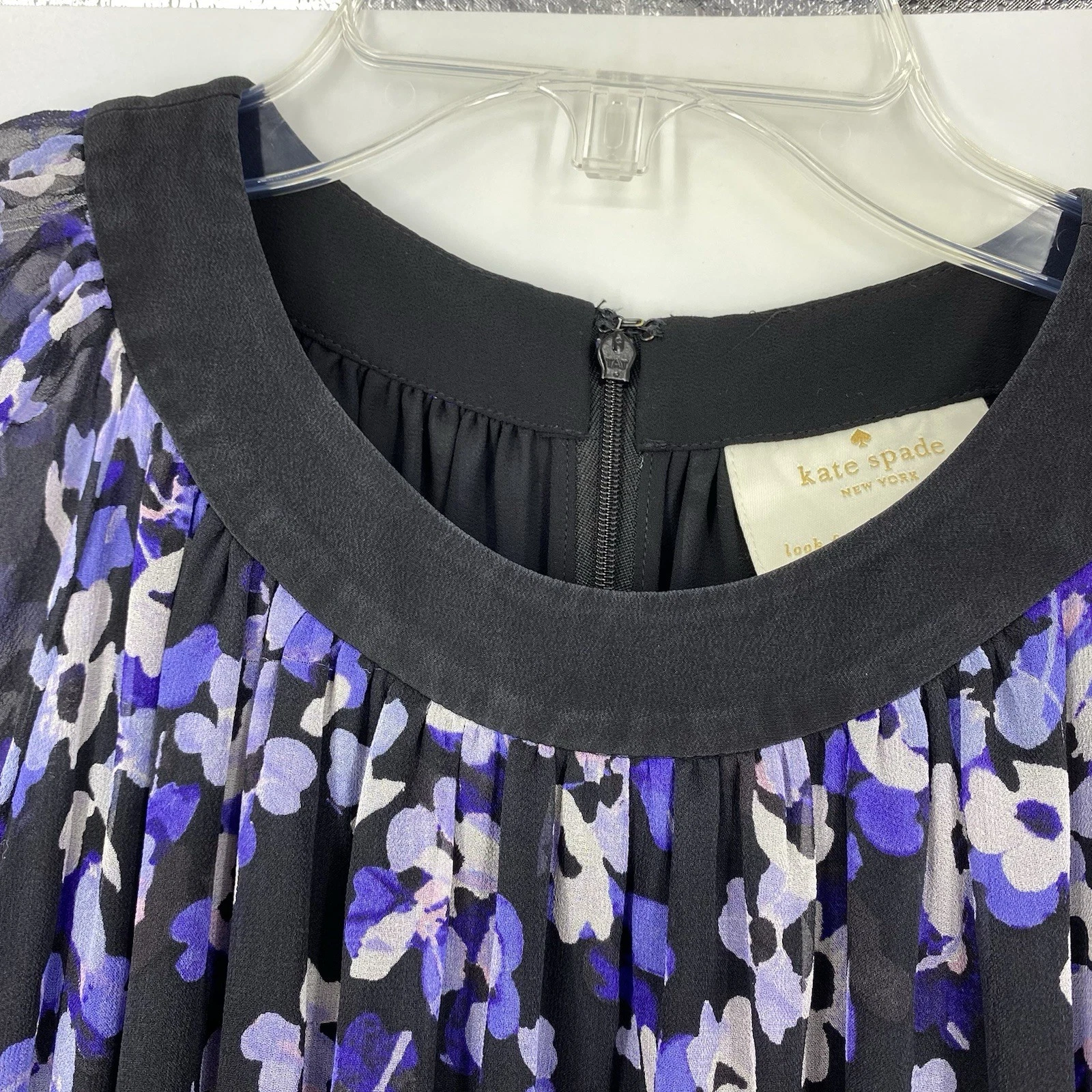 Abito Kate Spade piccolo ortensia chiffon seta viola nero manica corta
