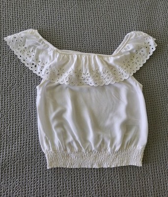 H&M White Of The Shoulder Embroidered Top Elastic Waist Blouse Girls Size 11-12y