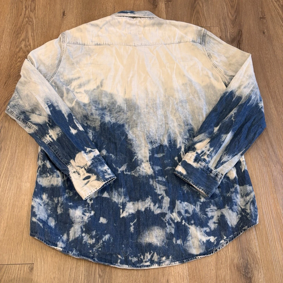 American Eagle Men’s Acid Wash Tie Dye Pearl Snap Western Denim Shirt Size XL - Image 2 of 4