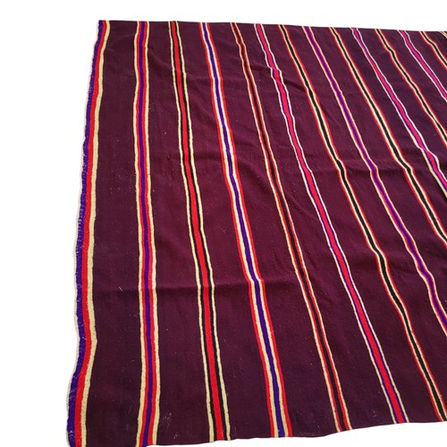 Vintage Handmade Moroccan Fringe Rug Burgundy Striped Beige Wool Carpet - Picture 12 of 24