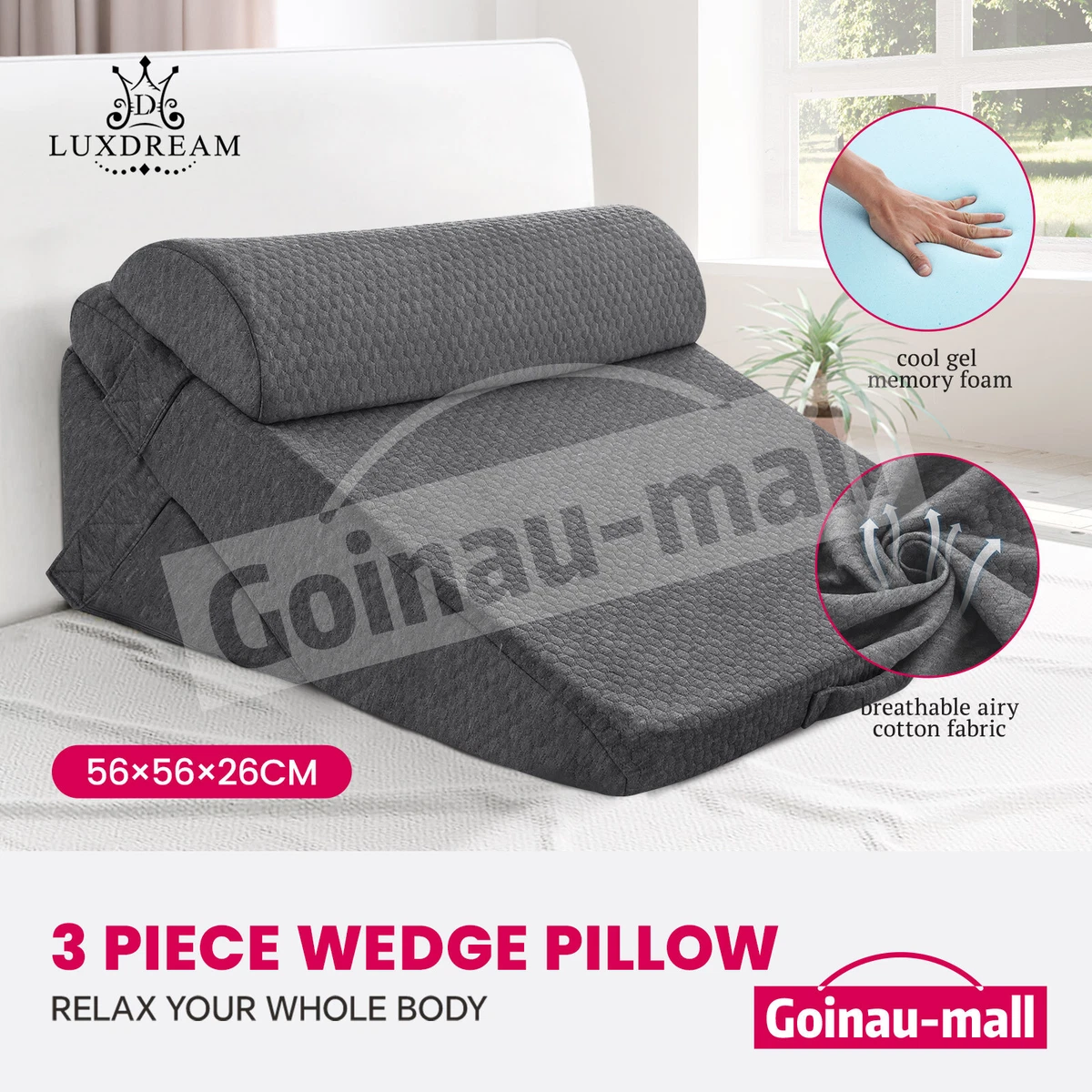 4 Pcs Wedge Pillow Set Memory Foam Bed Cushion Back and Head Support  Adjustable Gray