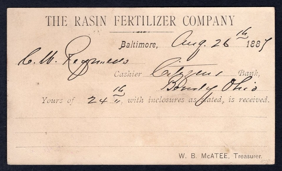 USA MISSENT to Beverly WVa 1887 Baltimore Raisin Fertlizer Postcard - Image 3 of 3