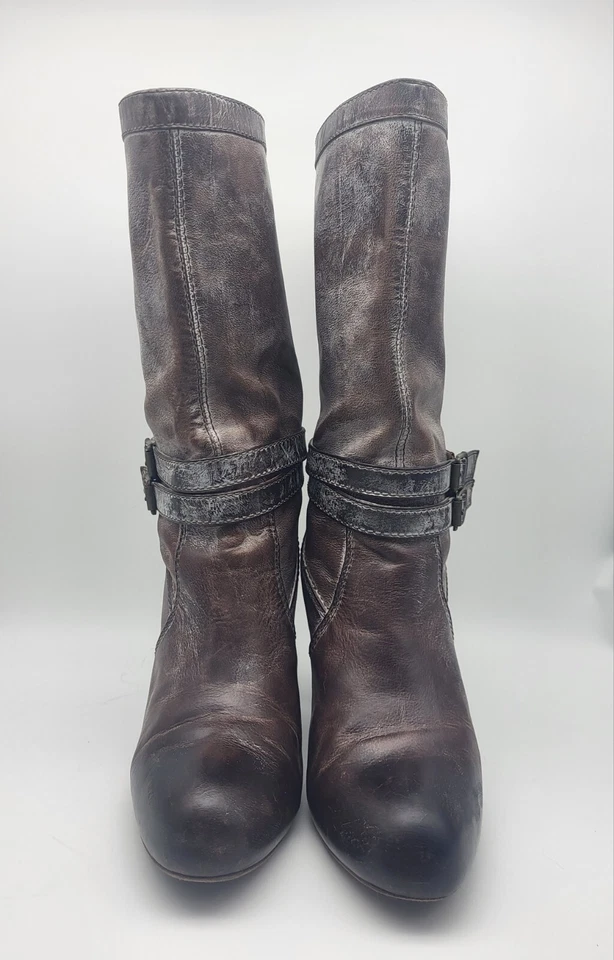 Frye Miranda Slouch High Heel Boots Size 8M Brown Leather Distressed Buckle Fall - Image 2 of 4