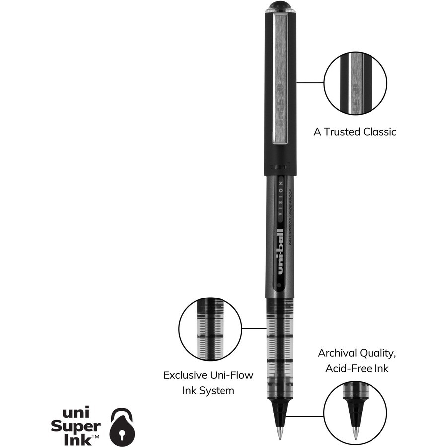 uni-ball VISION Stick Roller Ball Pen, Micro Black Ink, 4pk