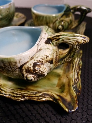 Vintage Giappone tazza da tè piattino conchiglia ostrica guscio verde blu lotto di 4 - Foto 4 di 12