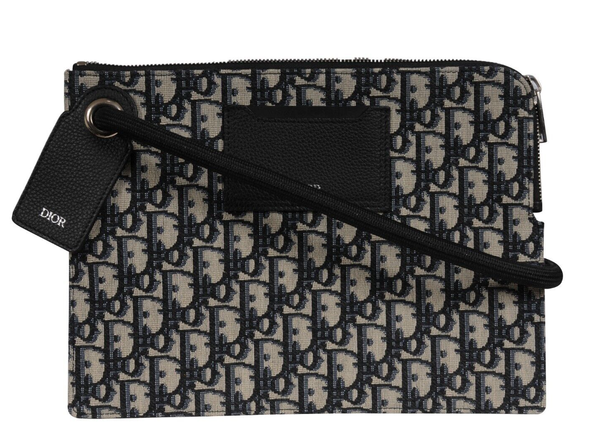 Dior Oblique Logo Wrist Pouch Travel Folder File Black Blue Ipad