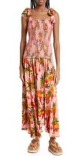 FARM RIO Mango Trees Pink Tropical Print Smocked Tie Shoulder Maxi Dress S = 4/6