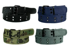 2 Holes Fabric Unisex Belt  2 Row Grommet Stitched Canvas Military Web Belt