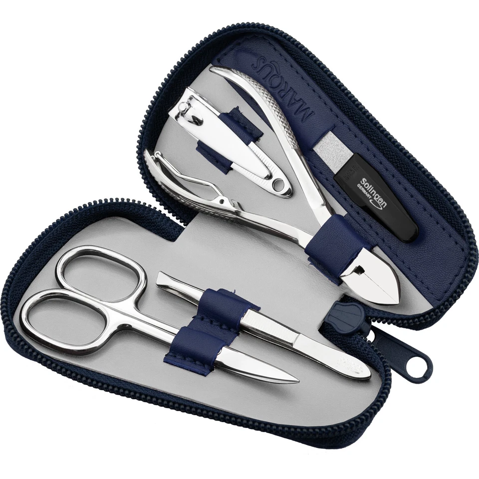 MARQUS Nagelset Herren & Damen 5-teilig mit Zange - Maniküre Set mit Leder-Etui blau