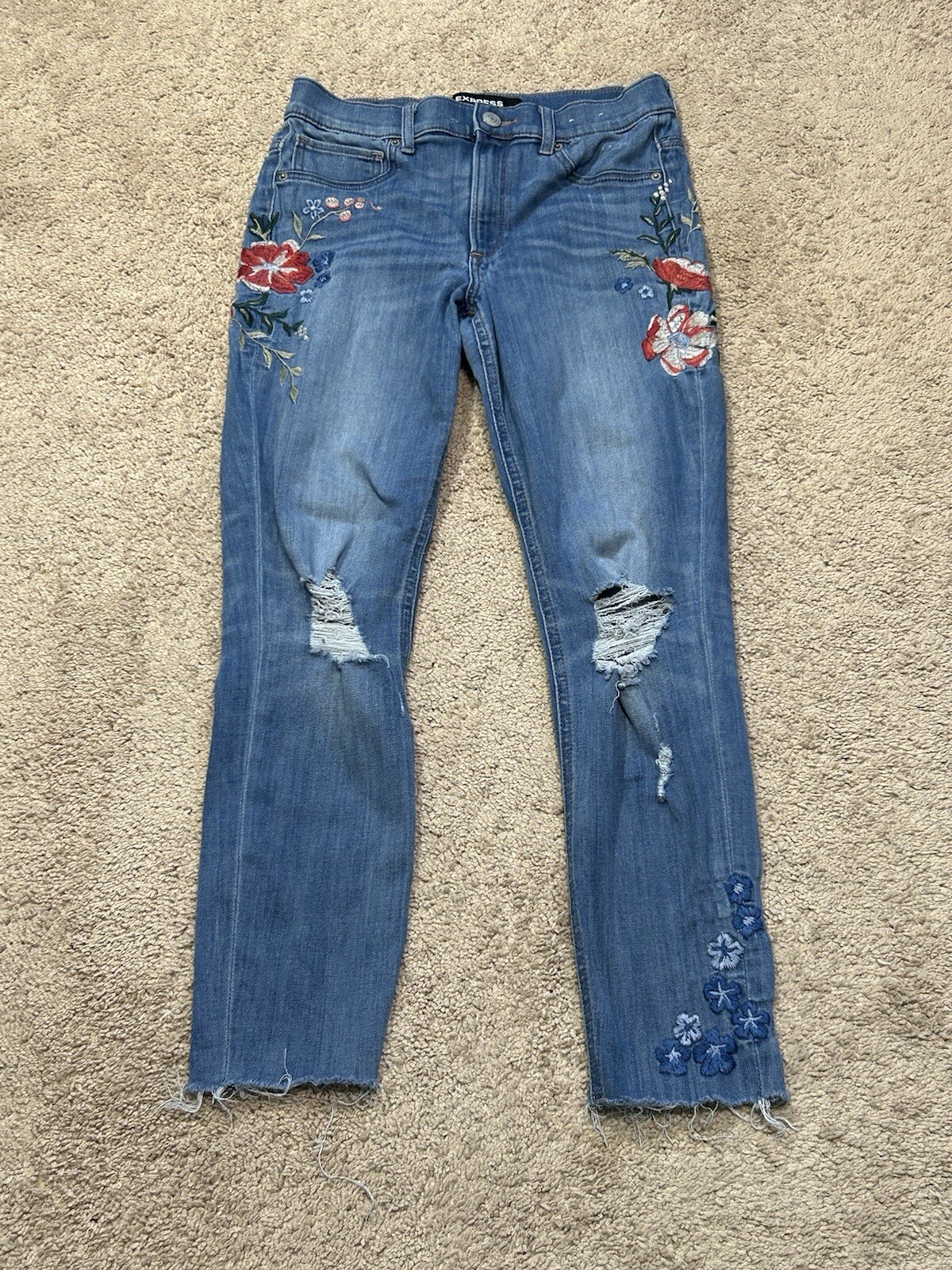 Express Womens Jeans Size 6R Blue Denim Floral Stitching High Rise Ankle Legging