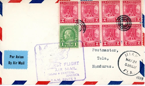 First flight cover FAM 5-3b Miami, Florida to Tela, Honduras, 1929