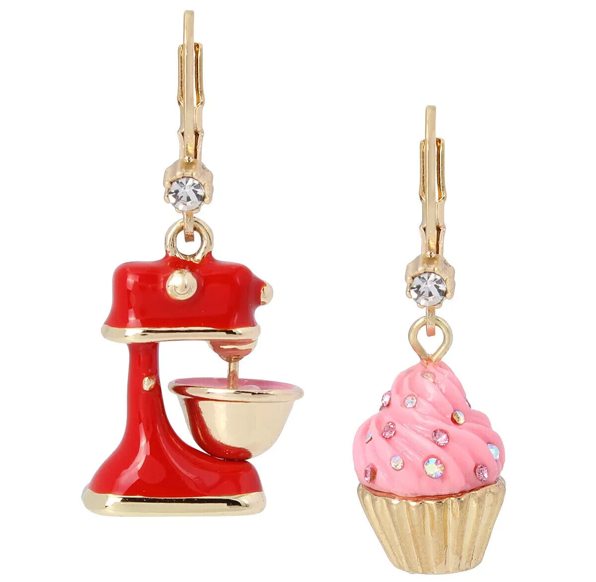 Betsey Johnson Mixer & Cupcake Babycakes Earrings Gold Tone Mismatch