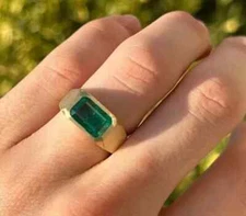 Solid 14k Yellow Gold 2.00Ct Emerald Cut Natural Emerald Men's Gift Ring Size 9
