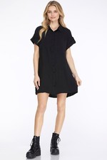 BLACK DROP SHOULDER BUTTON UP WOVEN SHIRT DRESS