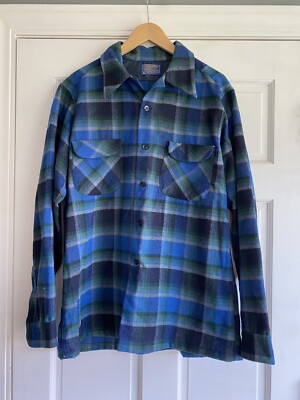 BI24 Vintage Pendleton Board Shirt Loop Collar Blue Plaid
