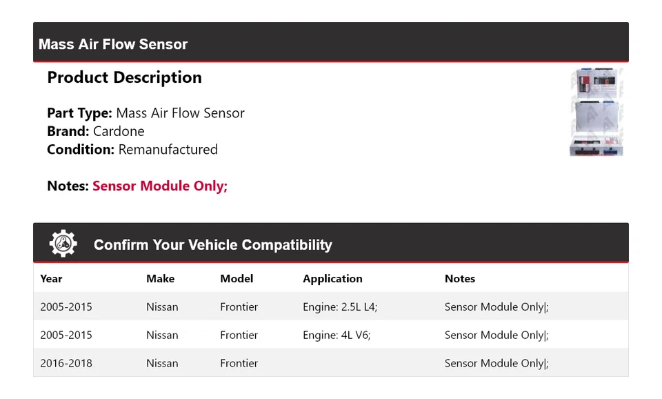 Sensor de flujo de aire masivo Cardone para Nissan Frontier 2005-2018 2006 2007 2008 2009 Foto 2 de 4