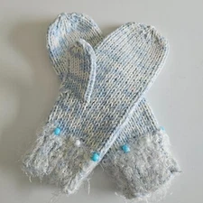 Handmade Knit Blue and White Fleck Marbled Womens Winter Mittens Gloves with Whi