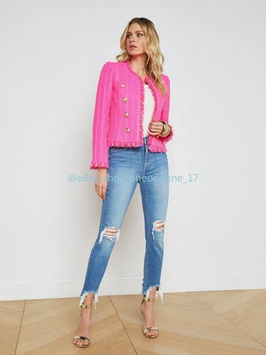 AUTH L'AGENCE Tinlee Tweed Jacket Coat Cardigan Shocking Pink/Gold Stripe - Picture 5 of 13