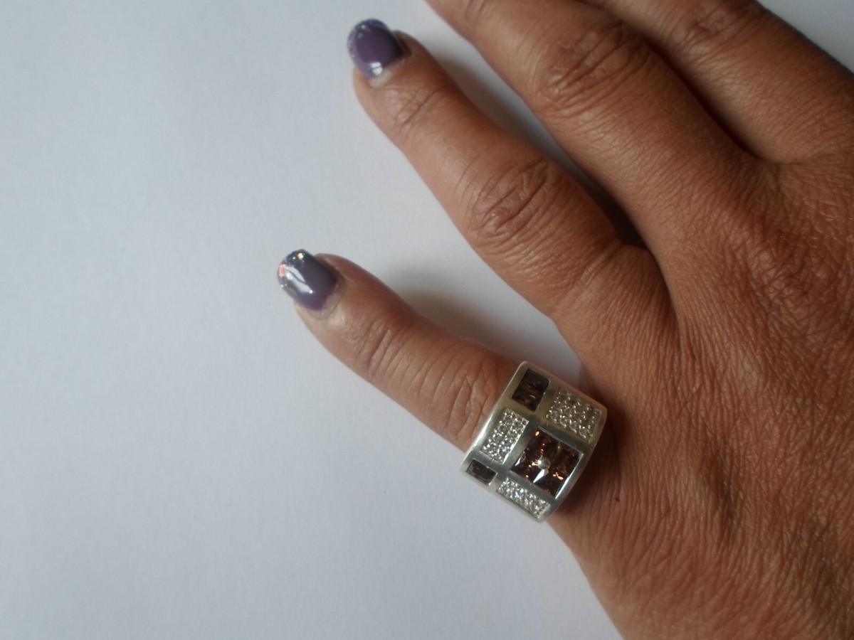 Chevalière En Argent Massif Avec Quartz Fumé Et Zirconiums - Taille 52, Occasion
