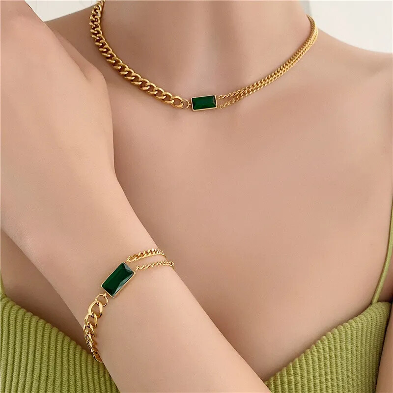 Emerald Crystal Gold Plated Zircon Rectangle Pendant Necklace Gift-image