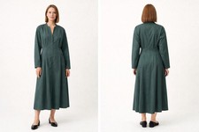 Tory Burch Forrest Poplin V-Neck Pleated Long Slv Maxi Shirt Dress Sz 10