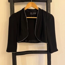 Vintage Alex Evenings Black Embellished Bolero Shrug Cropped Jacket Womens