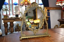 Antique French Brass Rococo Cherub Vanity Tabletop Mirror Ornate Detail 17 3/4"