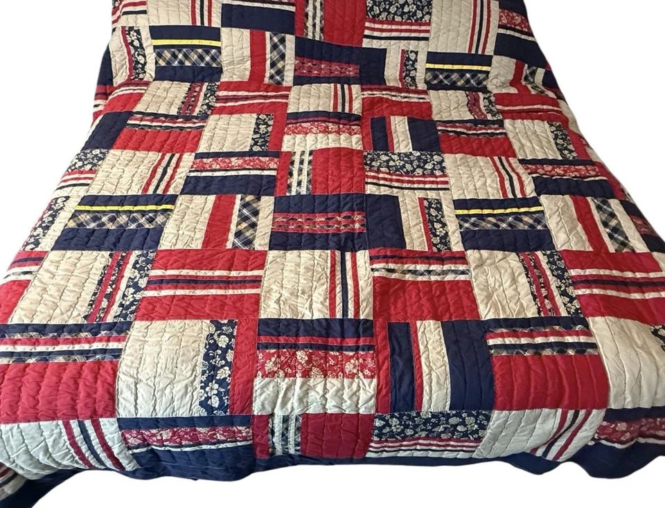 Nautica Surfside Patchwork Quilt KING Plaid Reversible 102x90" Red Blue Blanket - Image 2 of 4