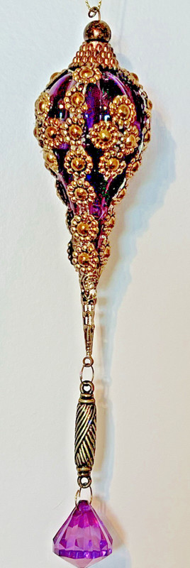VTG Purple Hand Blown Ribbed Glass Ornament w/Gold Bead Flowers & Dangle Crystal