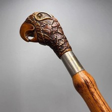 1970s Rare Vintage Walking Stick Cane Handle Bamboo Hand Carved Wooden Parrot
