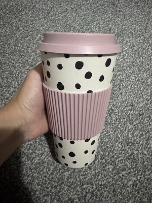 Wiederverwendbarer Reisebecher - Creme & Schwarze Punkte mit rosa Deckel