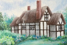 English Cottage,painting,Cotswolds,shabby chic,garden,floral,original art,green