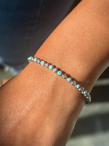 Platino Plata de Ley Esmalte Azul Evil Eye Safiro Blanco Tenis Brazalete - Imagen 11 de 17