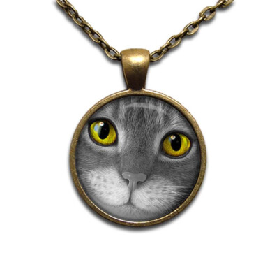 Sweet Yellow Eyed Kitten Cat Lovers - Handmade ROUND Glass Pendant Necklace
