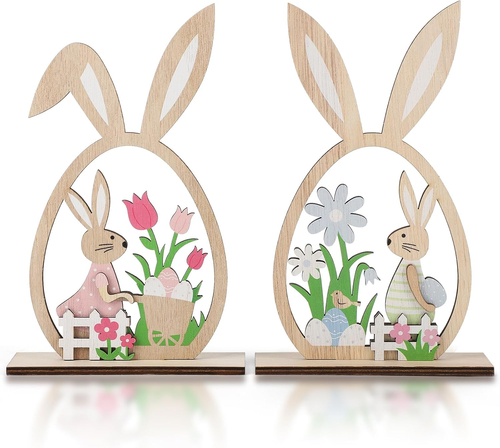 2Pcs Easter Decorations for the Home Wooden Decor Sign Farmhouse Bunny with Egg