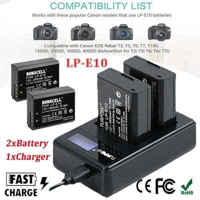 2 Pack LP-E10 Battery + LCD Charger For Canon EOS Rebel T3 T5 T6 EOS 1100D 1200