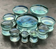 PAIR Blue Green Ocean Iridescent Glass Double Flare Plugs Gauges Body Jewelry 