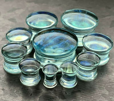 PAIR Blue Green Ocean Iridescent Glass Double Flare Plugs Gauges Body Jewelry 