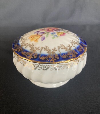 Crown PM German Prozellanwerk Martinroda Trinket Box Floral Cobalt Blue Gold