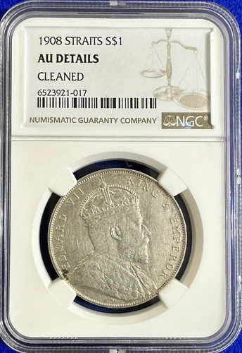 1908 Straits Settlements Dollar S$1 NGC AU Details Cleaned King Edward VII Silv