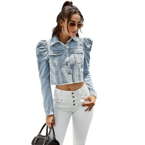 GIACCA JEANS MANICHE SBUFFO PINCES PALLONCINO PIEGHE DENIM GIUBBINO CROP  BLU 80 | eBay