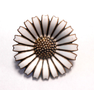 Vintage Danish Anton Michelsen Sterling Silver White Enamel Daisy Flower Brooch