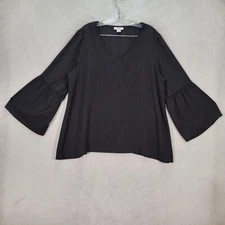 Black Glitter Striped Flared Sleeve Boho Flowy Gypsy Blouse Womens Top Size XL