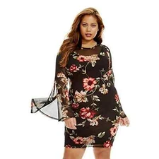 FTF Women's Plus Size Jamie Bell Sleeve Floral Mesh Dress Black Size 0