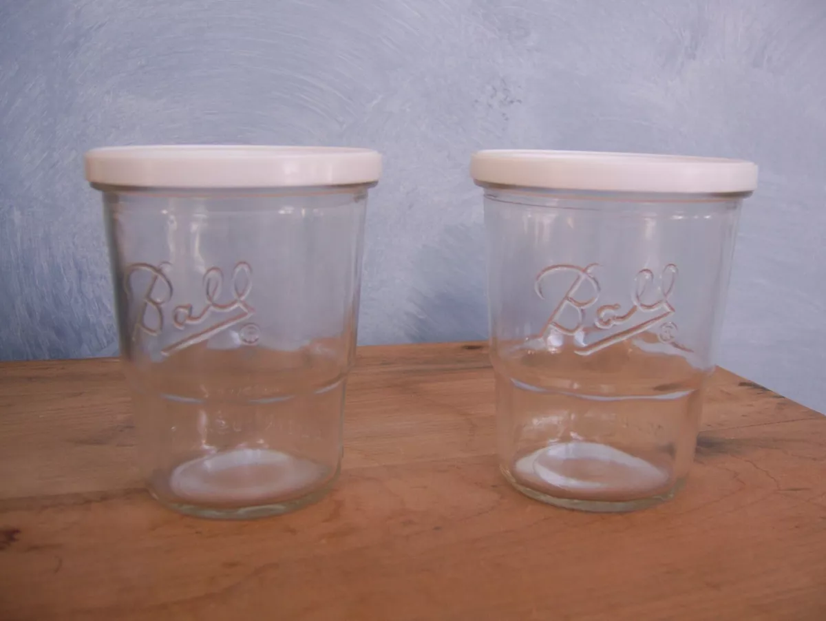 2 Vintage Ball Freezer Jam Jar Made in USA 3 3/4 8 oz Clear Glass Plastic  Lid