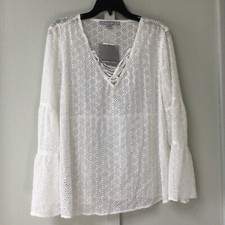 New Marc New York Andrew Marc Blouse Tunic Top Size Large White Laser Cut Sheer