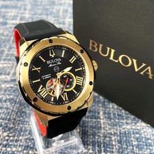 Bulova Marine Star Automatic Black Gold Dial Rubber Strap Men's Watch 98A272