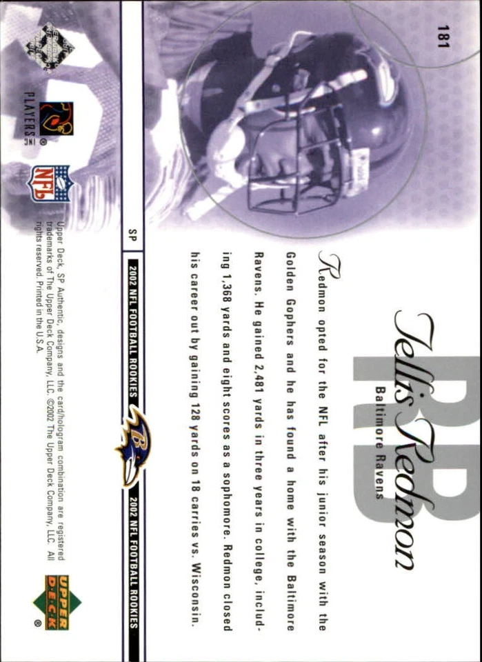 A4181- 2002 SP Authentic #181 Tellis Redmon RC /1150 (SAMPLE PICTURE) - Image 2 of 2