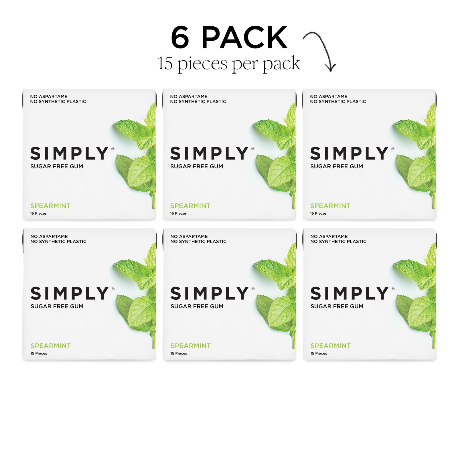 Simply Gum | Sugar Free Xylitol Chewing Gum | Spearmint | Pack of Six (90